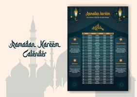 Ramadán hora calendario 2023 con oración veces en Ramadán. Ramadán calendario - ayuno, iftar, y oración calendario. islámico antecedentes diseño con mezquita y lámpara. vector