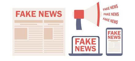 Fake News icon set. Mass media, announcement, hot online information, propaganda newscast. Fake, discredit, lie, confusion, incite and distort information. Vector flat illustration