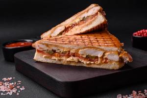 Delicious crispy sandwich with chicken breast, tomatoes, ketchup and spices photo