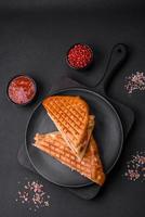 Delicious crispy sandwich with chicken breast, tomatoes, ketchup and spices photo