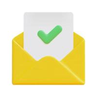 3d mail envelope with letter and check mark icon vector. Isolated on white background. 3d signed deal contract, approvement concept. Cartoon minimal style. 3d email icon vector render illustration.