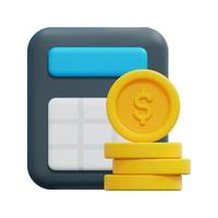 3d calculator and money coins icon vector. Isolated on white background. 3d accounting, business and finance concept. Cartoon minimal style. 3d accounts icon vector render illustration.