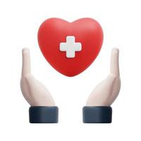 3d hands holding red heart icon vector. Isolated on white background. 3d health insurance concept. Cartoon minimal style. 3d icon vector render illustration.