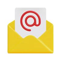 3d mail envelope with letter and arroba icon vector. Isolated on white background. 3d subscribe to newsletter concept. Cartoon minimal style. 3d email icon vector render illustration.