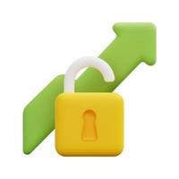 3d unlocked padlock with arrow up icon vector. Isolated on white background. 3d startup, business and finance concept. Cartoon minimal style. 3d development icon vector render illustration.