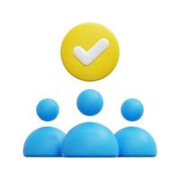 3d group team with check mark icon vector. Isolated on white background. 3d team, teamwork and business concept. Cartoon minimal style. 3d teamwork icon vector render illustration.