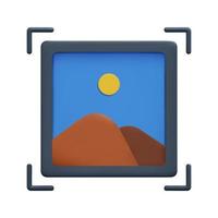 3d minimal Image Gallery icon vector. Image, photo, jpg file. Mountains and sun landscape. Picture in a frame. 3d Photography concept. Isolated on white background. 3d icon vector render illustration.