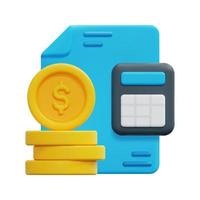 3d financiero informe, dinero monedas y calculadora icono vector. aislado en blanco antecedentes. 3d contabilidad, negocio y Finanzas concepto. dibujos animados mínimo estilo. 3d icono vector hacer ilustración.