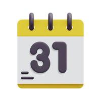 3d calendar date icon vector. 31th day of the month. Isolated on white background. 3d event schedule date concept. Cartoon minimal style. 3d calendar and time planner icon vector render illustration.