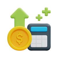 3d profit icon vector. Isolated on white background. 3d accounting, business and finance concept. Cartoon minimal style. 3d money coins, arrow up and calculator icon vector render illustration.