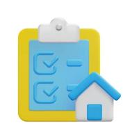 3d house, paper sheets and check marks icon vector. Isolated on white background. 3d rental property and real estate concept. Cartoon minimal style. 3d building icon vector render illustration.