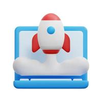 3d startup icon vector. Isolated on white background. 3d startup, business and finance concept. Cartoon minimal style. 3d rocket on laptop icon vector render illustration.