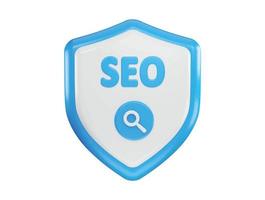 Blue shield with a magnifying glass and a magnifying glass SEO icon with 3d vector icon illustration
