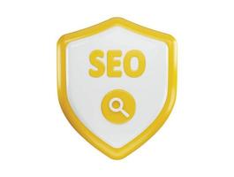 A yellow shield with a magnifying glass in the middle that says seo icon with 3d vector icon