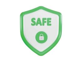 A green and white shield with a lock and the word safe icon with 3d vector icon illustration