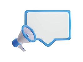 A blue megaphone with a white speech bubble on the top icon with 3d vector icon illustration