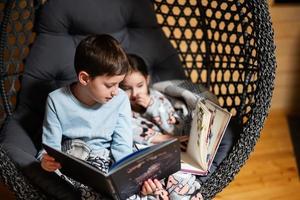 hermano con hermana leyendo libros en cómodo colgando silla en acogedor de madera minúsculo cabina casa. vida en campo. foto