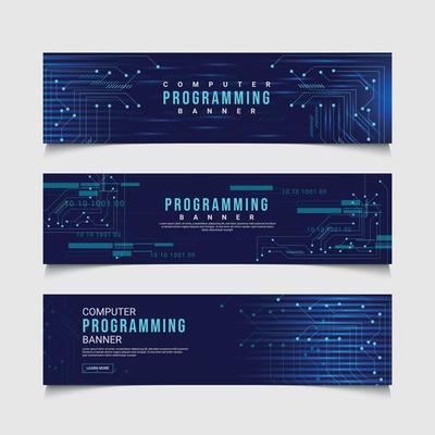 Computer Programming Horizontal banner, Technology Background Design, Set of Banners With Blue Background