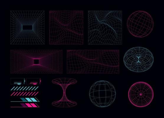 Geometric retro wireframe 3d shapes, futuristic and cyberpunk grid elements with rave style, abstract background with glowing neon lights