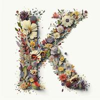 Letter K made of flowers and leaves. Flower font concept, created with generative AI photo