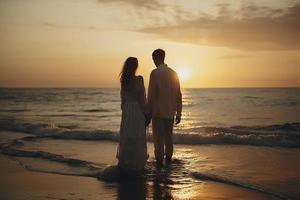 Young couple on the beach at sunset, created with generative AI photo