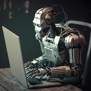 artificial inteligencia robot con computadora portátil, creado con generativo ai foto