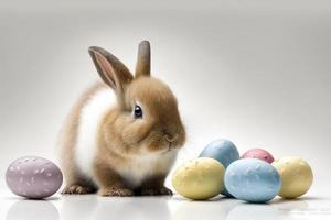 Cute little bunny with Easter eggs, created with generative AI photo