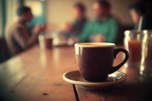 Coffee cup on the table with blurred coffee shop in background, created with generative AI photo