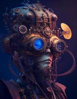 Portrait of the steampunk style robot, created with generative AI photo