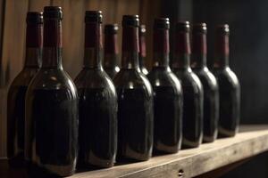 Row of red wine bottles on a wooden shelf, created with photo