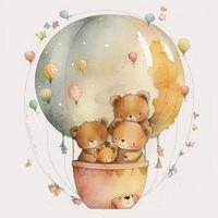 Watercolor illustration of three cute little bears in the baloon, created with generative AI photo