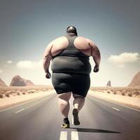 posterior ver de un obeso hombre vistiendo ropa de deporte mientras trotar en el la carretera foto