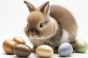 Cute little bunny with Easter eggs, created with generative AI photo