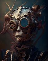 Portrait of the steampunk style robot, created with generative AI photo