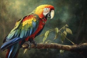 Colorful parrot on branch in tropical forest, created with generative AI photo