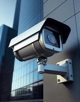 Security surveillance camera on modern building, created with photo