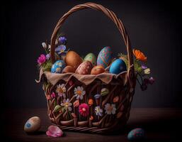 Easter basket full of colorful eggs, created with photo