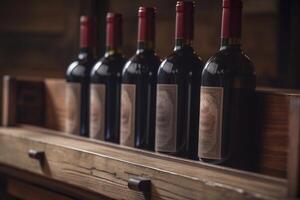 Row of red wine bottles on a wooden shelf, created with photo