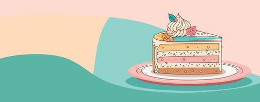 pastel en vistoso fondo, sabroso postre, panadería vector, tienda bandera vector