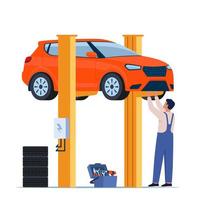 Car repair. Auto mechanic near the car lifted on autolifts. Car service and repair, diagnostics. Auto service. Vector illustration.