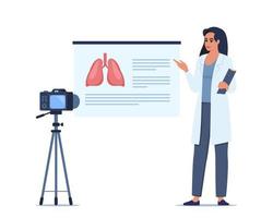 Doctor gives a training lecture about anatomy on camera. Doctor presenting human lungs infographics. Online medical seminar, lecture, healthcare meeting concept. Vector illustration.