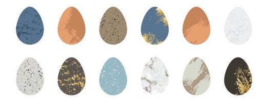 Set of trendy modern Easter eggs, with textures, glitter, marbles. Festive and homemade decorations in rustic, country, modern style. Vector