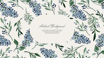 Abstract horizontal background with watercolor blue flowers and branches in rustic and vintage style. Vector