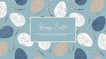 Horizontal banner with Holy Easter greeting in rustic style with Easter eggs, bouquet with willow branches on blue background. Vector template