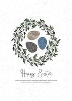 Easter card. With Easter eggs on a wreath with green leaves on a white background in nature style. Vector for poster, print, postcard, invitation, greeting, tag.