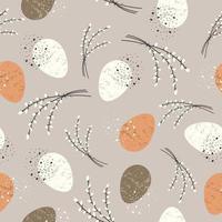 Seamless pattern with Easter eggs and a branch of willow in nature style in beige colors. Vector for poster, print, card, invitation, congratulations, tag.