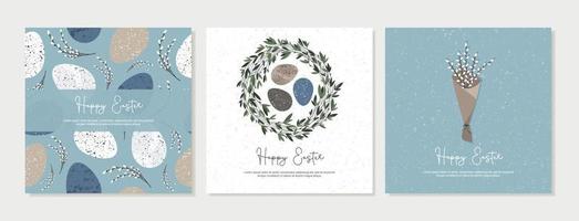 Set of square banners, cards for Holy Easter. Wreath with green leaves, branches in rustic style with Easter eggs, bouquet with willow branches. Vector template