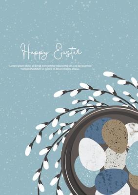 Easter card with Easter eggs on a plate and a wreath of willow in nature style on blue background. Vector for poster, banner.