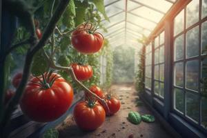 Tomatoes in the greenhouse, created with generative AI photo