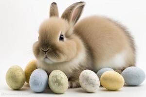 Cute little bunny with Easter eggs, created with generative AI photo